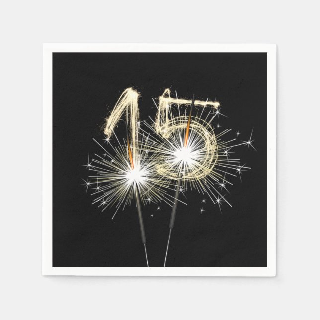 Serviette En Papier Sparklers du 15e anniversaire sur Noir (Devant)