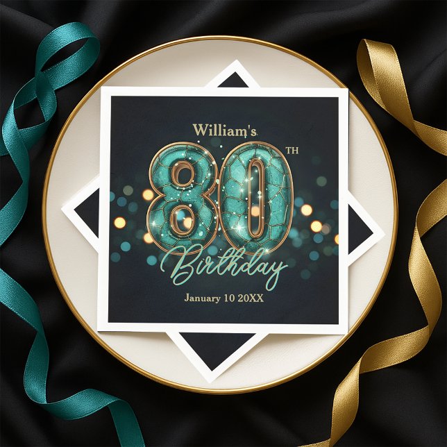Serviette En Papier  Sparkling Teal and Gold 80th Birthday  (Créateur téléchargé)