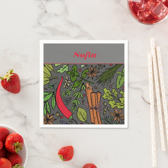 Serviette En Papier Spices motif nom personnalisé gris blanc (En situation)