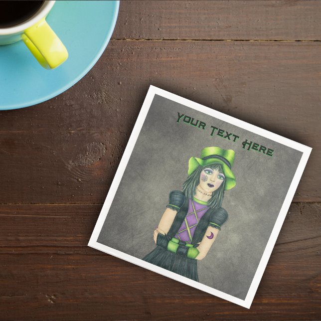Serviette En Papier Spooky Gothic Girl Spiderweb Tattoo Black Dress (Spooky goth girl green hat face arm tattoos on dark grey paper party napkins.)