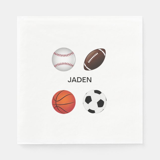 SERVIETTE EN PAPIER "SPORTS" PAPIER NAPKINS AVEC NOM D'ENFANT. (Devant)