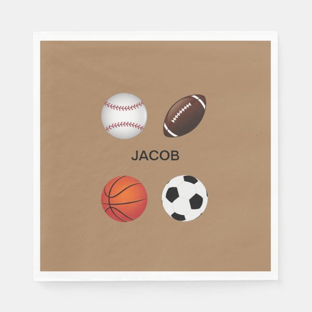 SERVIETTE EN PAPIER "SPORTS" PAPIER NAPKINS AVEC NOM D'ENFANT. (Devant)