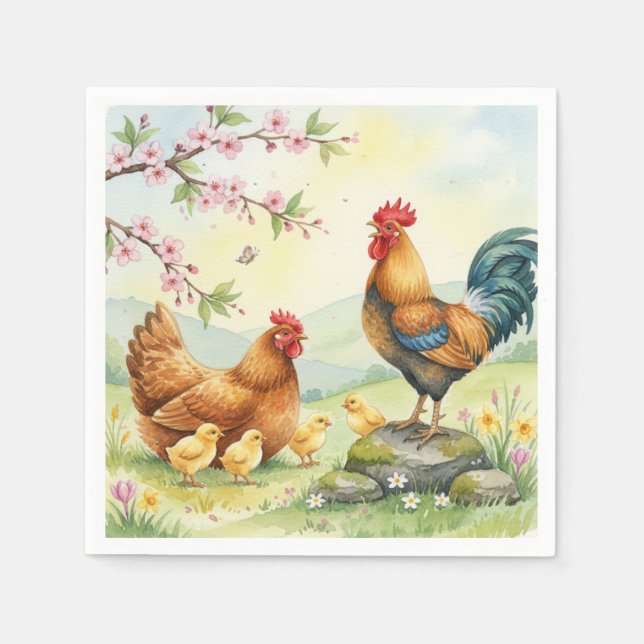 Serviette En Papier Spring chicken rooster farm country napkins (Devant)