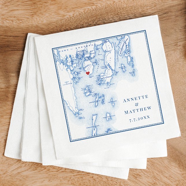 Serviette En Papier Spruce Point Inn Boothbay Harbour Maine Map Mariag (Spruce Point Inn Boothbay Harbor Maine Map custom wedding napkins in elegant navy blue)