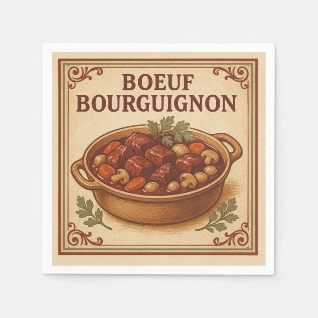 Serviette En Papier Square Napkin  Boeuf Bourguignon, Retro Style (Devant)