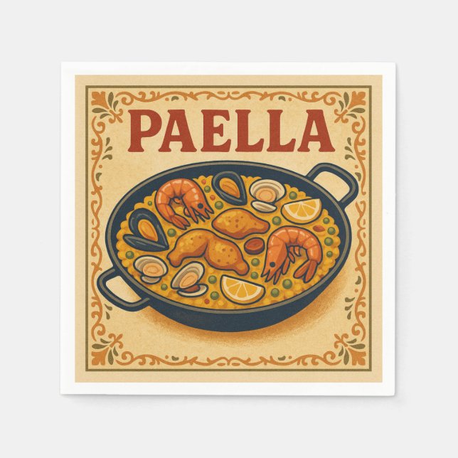 Serviette En Papier Square Napkin  (Paella, Retro Style) (Devant)