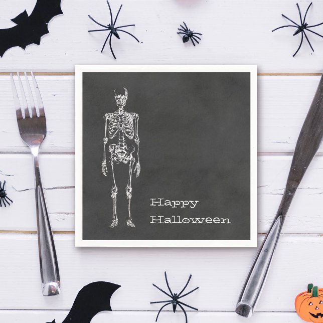 Serviette En Papier Squelette blanc Black Spirit Halloween Party (Decorate your Halloween party with this spooky Skeleton designed black charcoal napkin. )