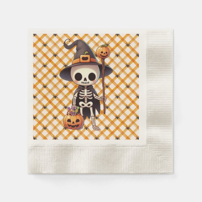 Serviette En Papier Squelette d'Halloween blanc mignon (Devant)