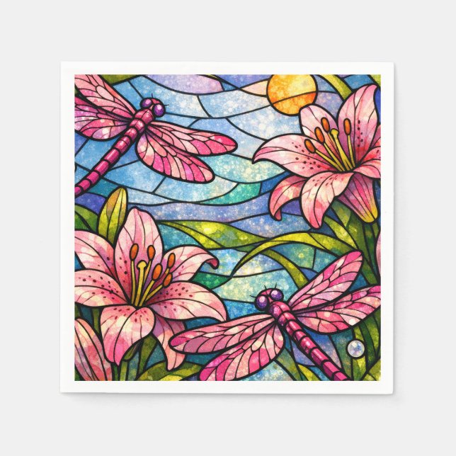 Serviette En Papier Stain Glass Lilies and Dragonflies Pink (Devant)