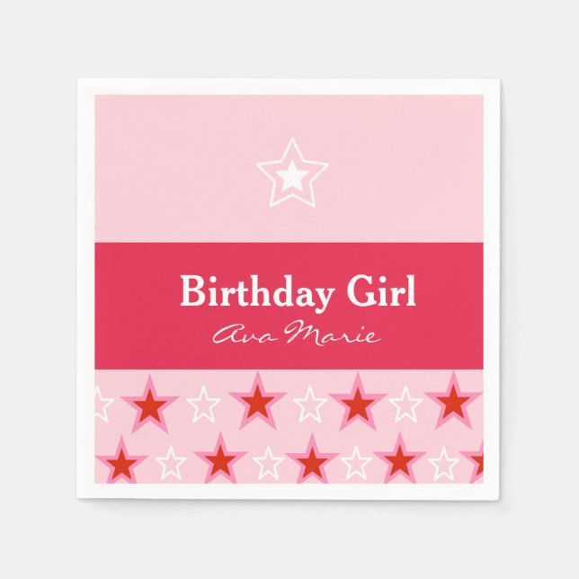 Serviette En Papier Star Birthday Girl Party, rose et rouge (Devant)