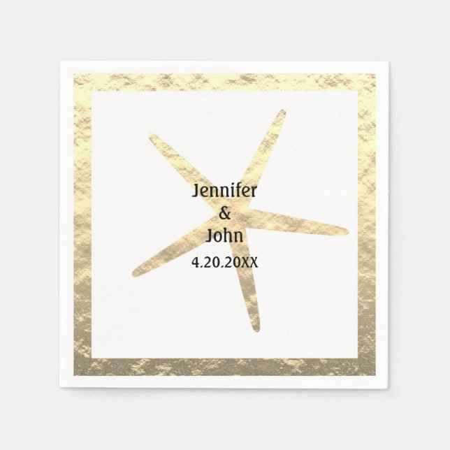 Serviette En Papier Starfish Tropical Gold White Couple Nom Mariage (Devant)