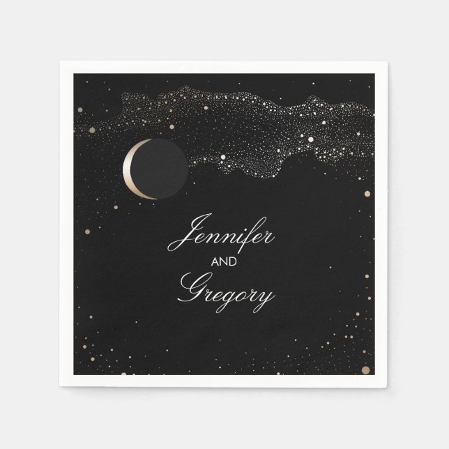 Serviette En Papier Starry Night Stars Mariage noir et or (Devant)