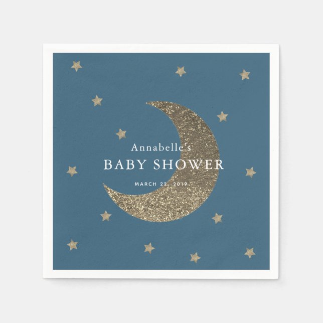 Serviette En Papier Stars & Lune Baby shower bleu marine Papier de  (Devant)