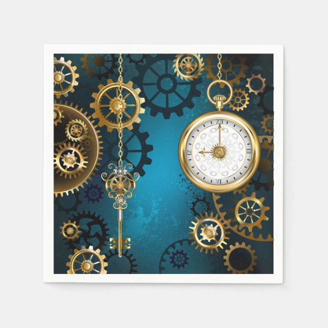 Serviette En Papier Steampunk Arrière - plan turquoise avec Gears (Devant)