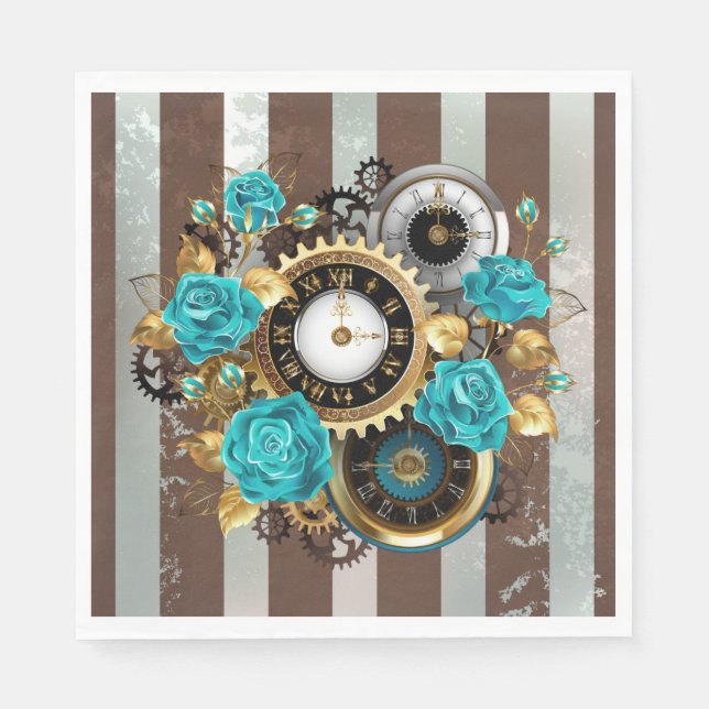Serviette En Papier Steampunk Clock and Turquoise Roses on Striped (Devant)