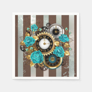 Serviette En Papier Steampunk Clock and Turquoise Roses on Striped