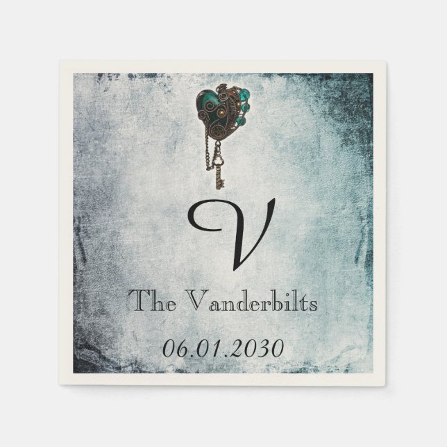 Serviette En Papier Steampunk Coeur Turquoise Monogramme Mariage Napki (Devant)