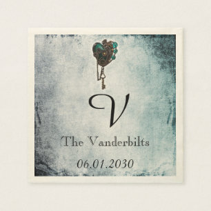 Serviette En Papier Steampunk Coeur Turquoise Monogramme Mariage Napki