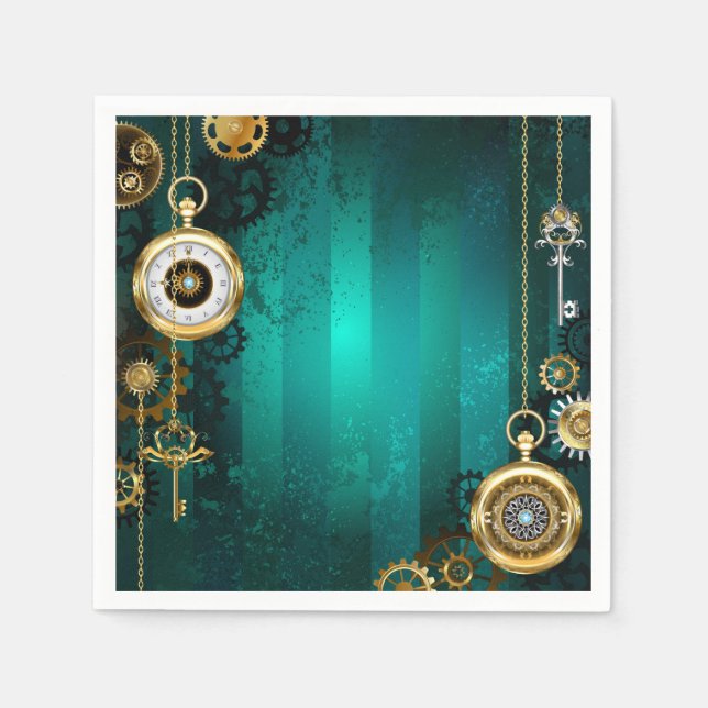 Serviette En Papier Steampunk Jewelry Watch on a Green Background (Devant)
