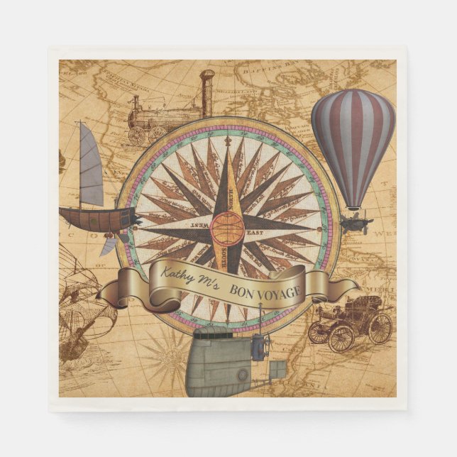 Serviette En Papier Steampunk Travel Antique Carte Compass Adventure (Devant)
