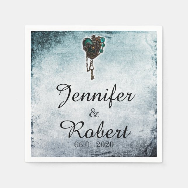 Serviette En Papier Steampunk Turquoise Mariage de coeur Napkin (Devant)
