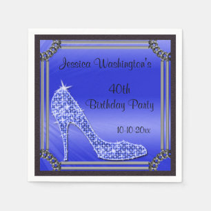 Serviette En Papier Stiletto Bleu Cadre Argenté Élégant 40e Anniversai