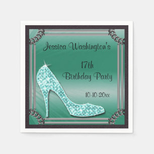 Serviette En Papier Stiletto élégant encadré d'argent Turquoise 17e An