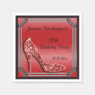 Serviette En Papier Stiletto Rouge Cadre Élégant Argent 20e Anniversai