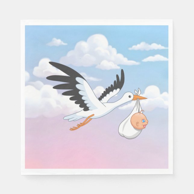 Serviette En Papier Stork Carrying a Baby Cloudy Sky (Devant)