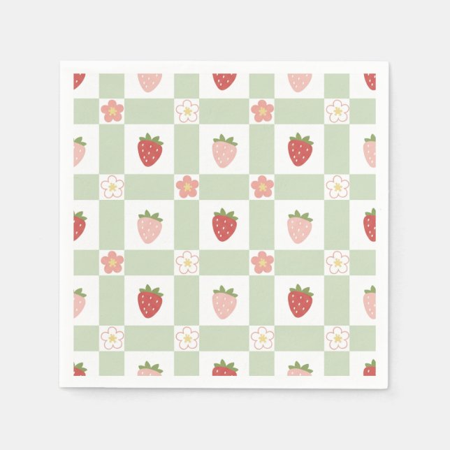 Serviette En Papier Strawberry Gingham Pastel Green 1st Birthday (Devant)
