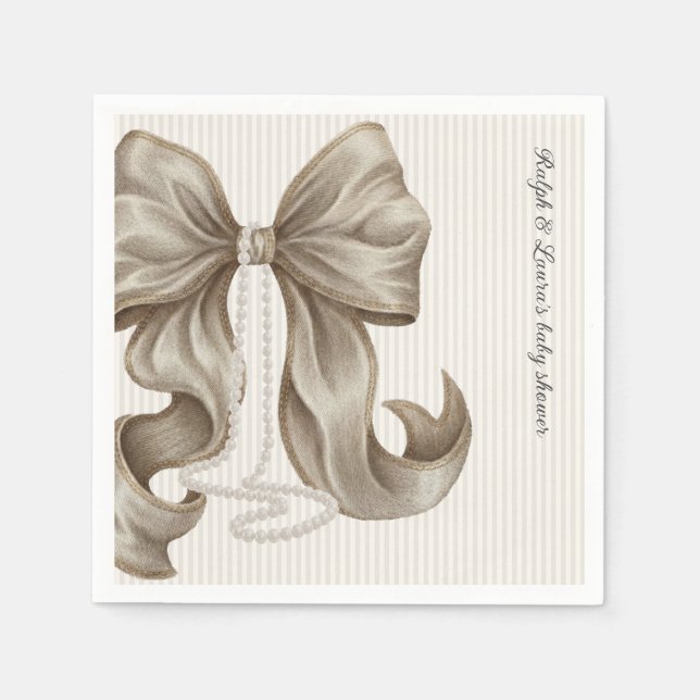 Serviette En Papier Striped Bow Ivory Pearl Baby Shower  (Devant)