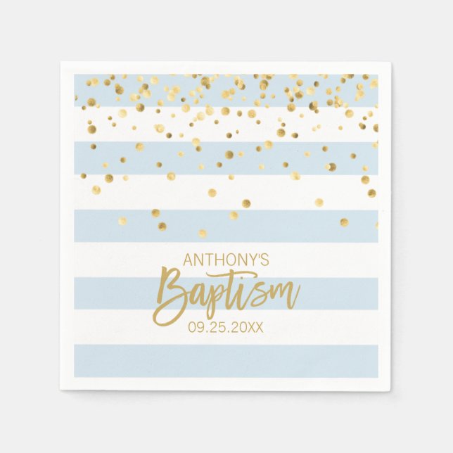 Serviette En Papier Stripes Pastel Blue Gold BOY BAPTISM (Devant)