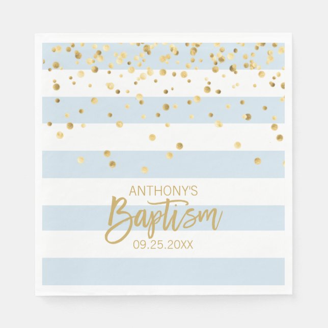 Serviette En Papier Stripes Pastel Blue Gold BOY BAPTISM Déjeuner (Devant)