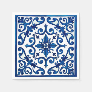 Serviette En Papier style italien, méditerranéen, mosaïque, bleu,