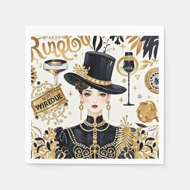 Serviette En Papier Style Moulin rouge, noir et or, Luxe riche (Devant)