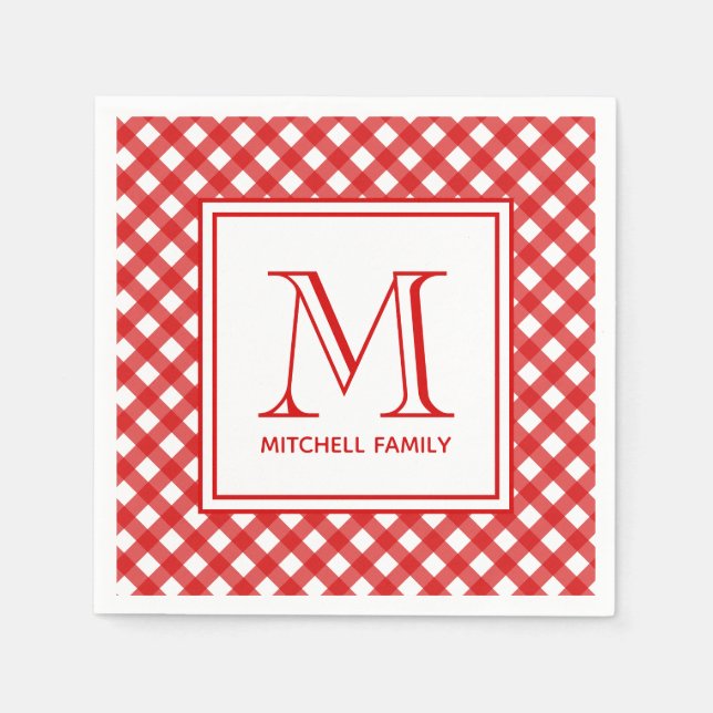 Serviette En Papier Style Pays Rouge En vichy Motif Monogramme (Devant)
