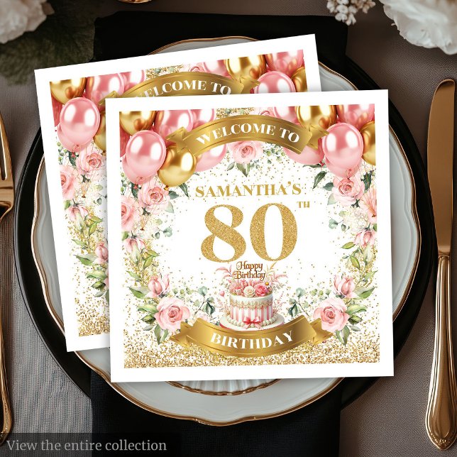 Serviette En Papier Style Rose Gold 80e Anniversaire jeu Napkin partie (Stylish Pink Gold 80th Birthday Party Napkin Set)