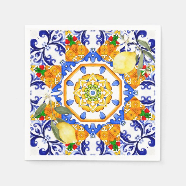 Serviette En Papier style sicilien, citrons, majolica (Devant)