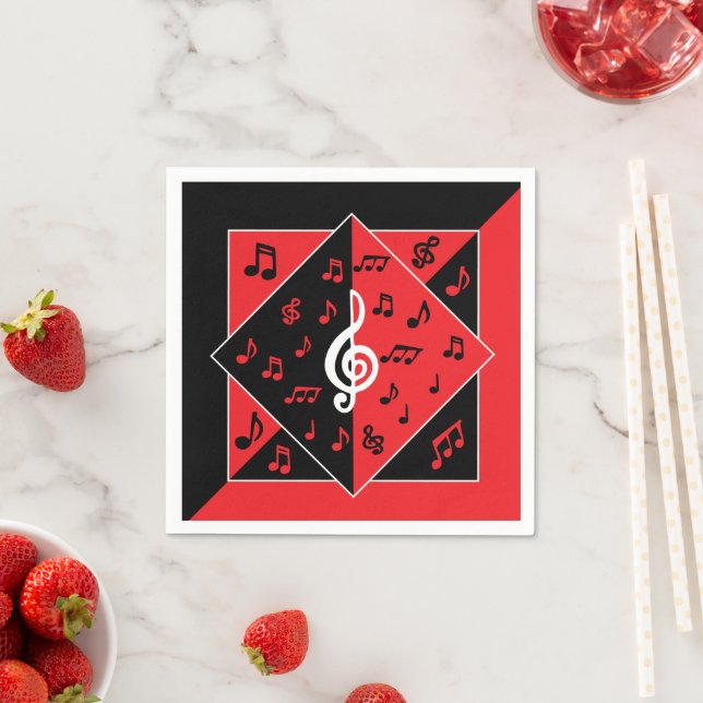 Serviette En Papier Stylish Art déco Music Notes Red White (En situation)