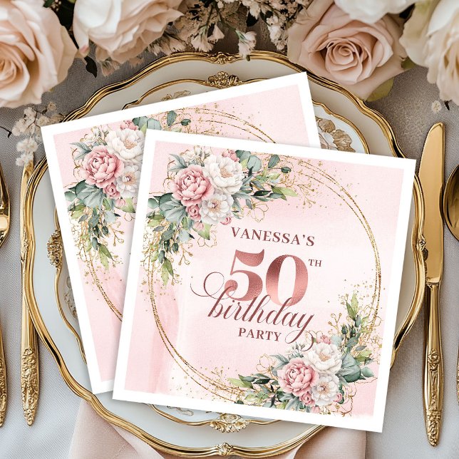 Serviette En Papier Stylish Rose Gold Dusty Pink 50th Birthday Party  (Lovely Rose Gold Blush Floral 50th Birthday Dinner Napkins

)