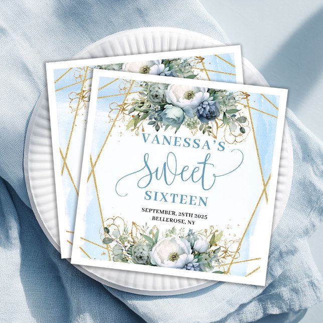 Serviette En Papier Stylish Sweet Sixteen Blue and Gold Floral Napkins (Stylish Sweet Sixteen Blue and Gold Floral Napkins)