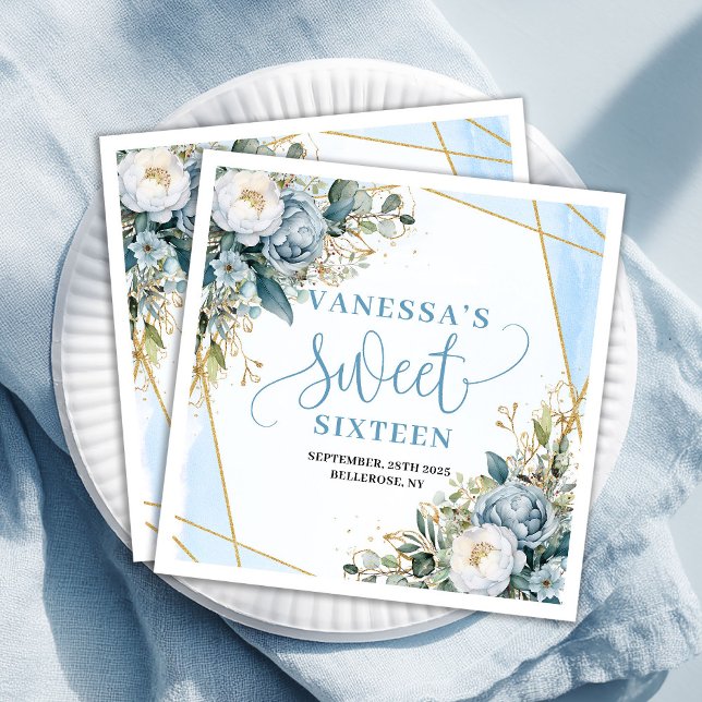 Serviette En Papier Stylish Sweet Sixteen Dusty Blue Greenery Party   (Stylish Sweet Sixteen Dusty Blue Greenery Party Paper Dinner Napkins )