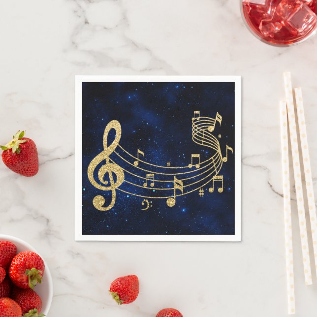Serviette En Papier Stylish Treble Clef Notes musicales Blue Gold (En situation)