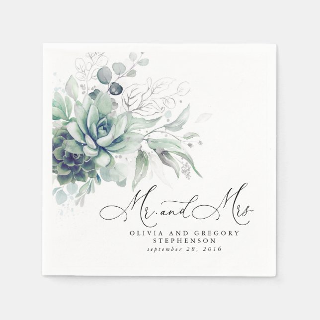 Serviette En Papier Succulent Verdure argent Élégant Mariage Boho (Devant)