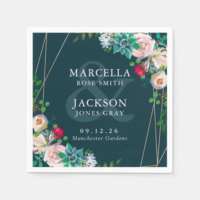 Serviette En Papier Succulents et Mariage Gold Chic (Devant)