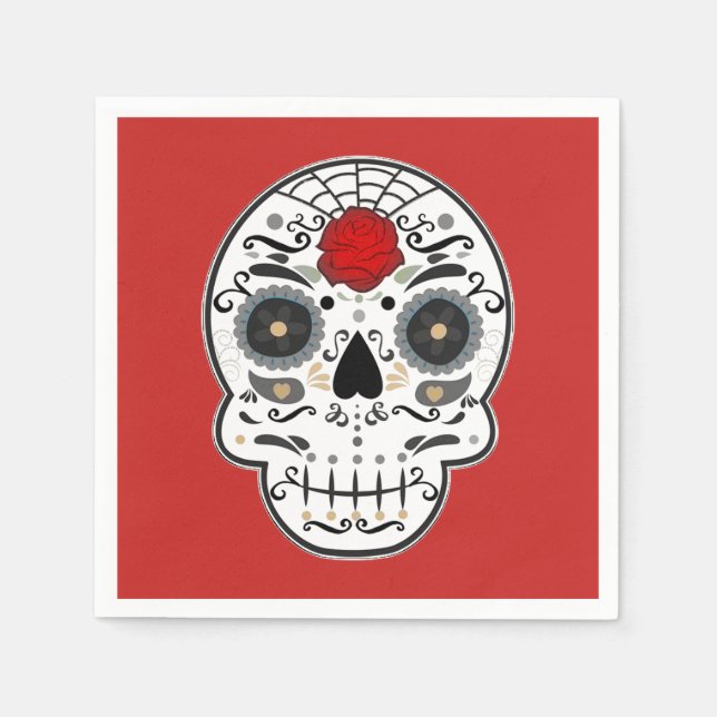 Serviette En Papier Sugar Skeleton espagnol mexicain Rose rouge (Devant)