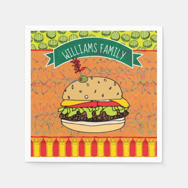 Serviette En Papier Summer BBQ Cheeseburger Ajouter un nom (Devant)