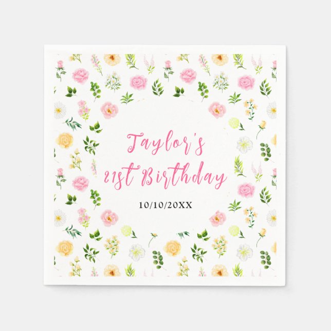 Serviette En Papier Summer Pink and Yellow Floral Birthday (Devant)
