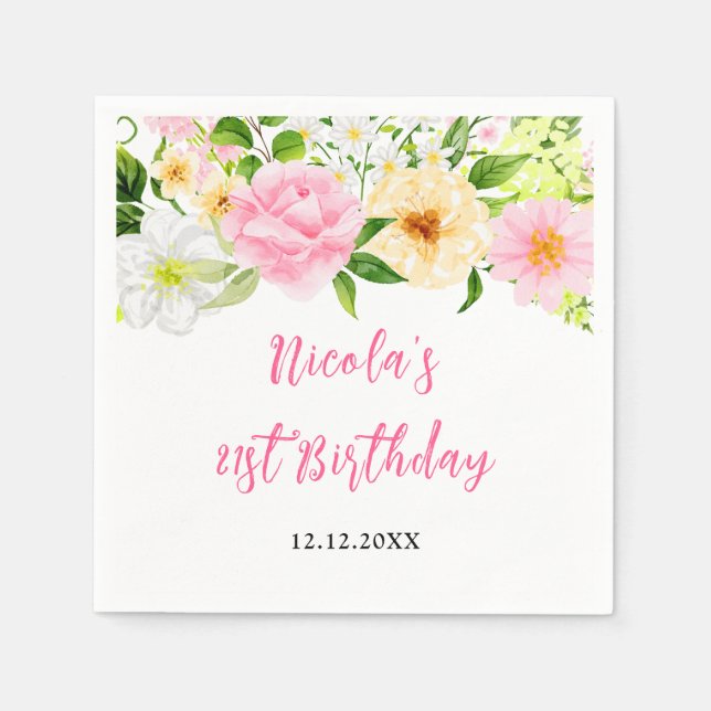 Serviette En Papier Summer Pink and Yellow Floral Birthday (Devant)