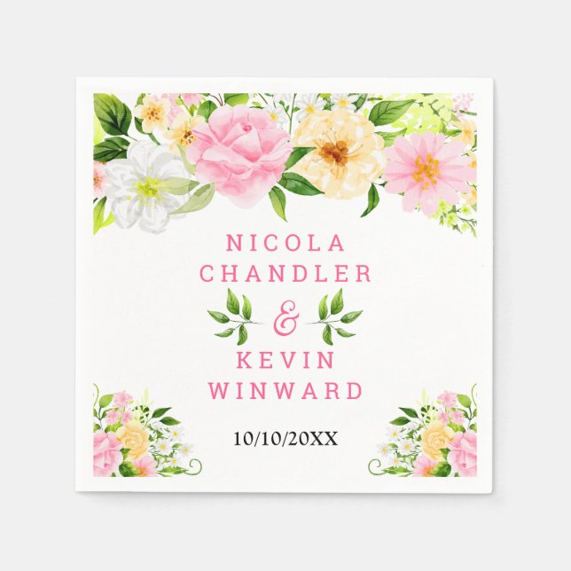 Serviette En Papier Summer Pink and Yellow Flowers and Foliage (Devant)